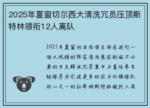 2025年夏窗切尔西大清洗冗员压顶斯特林领衔12人离队
